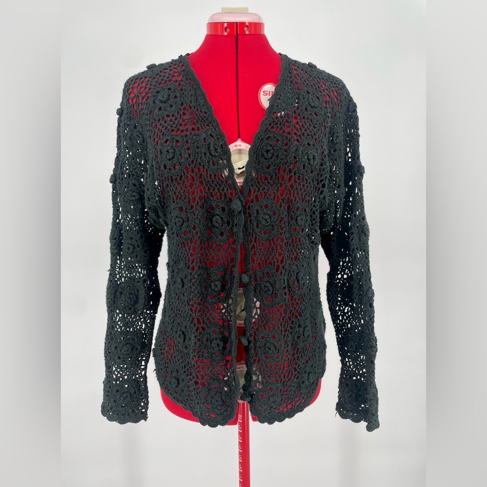 Vintage Hand Knit Gothic Black Floral Crocheted Cardigan Sweater / Open Knit - Picture 4 of 13